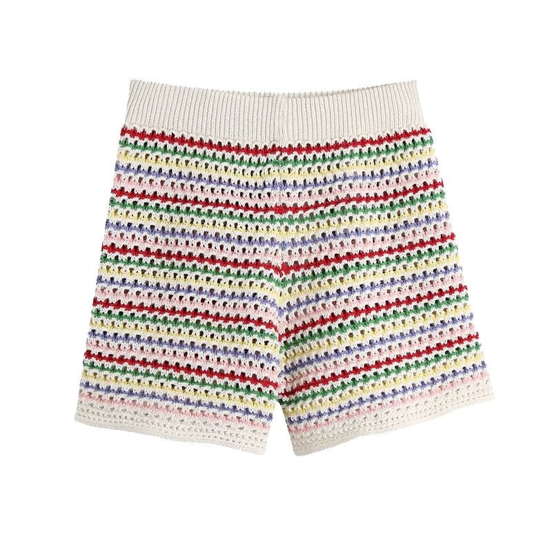 TRAF Women Chic Fashion Striped Knitted Shorts Vintage High Elastic Waist Female Short Pants Mujer
