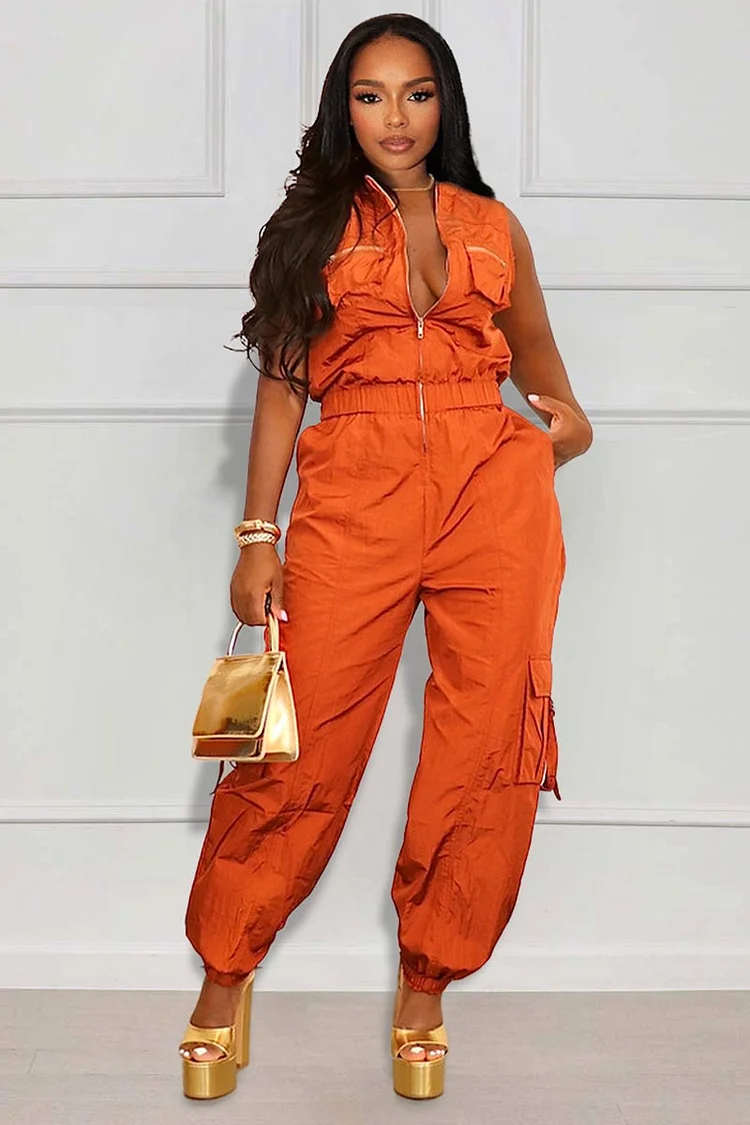 Sleeveless Zipper Elastic Waist Pocket Jogger Leg Jumpsuit-Orange