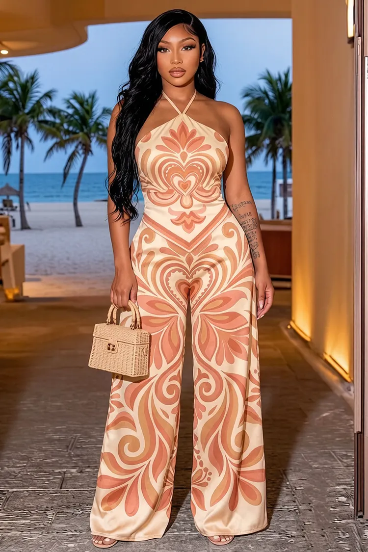 Halter Neck All Over Leaf Print Vacation Wide Leg Jumpsuit-Orange