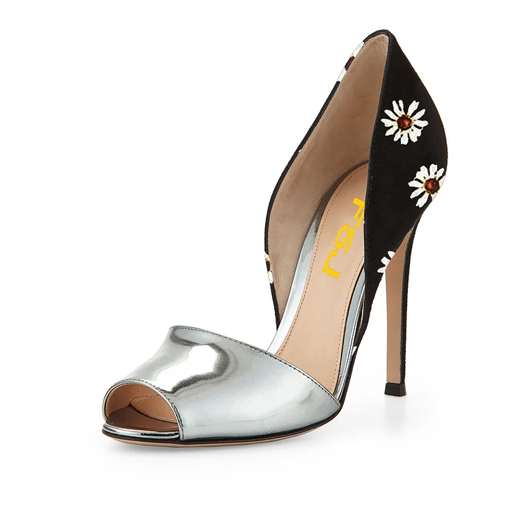 Silver and Black Peep Toe Heels Floral Stiletto Heel Double D'orsay Pumps |FSJ Shoes