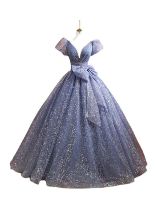 Elegant Bell Sleeve Bowknot Plunging Neck Sequins Maxi Dress 