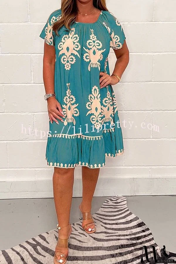 MidiSono - Geometric Pattern Multi Print Square Neck Dress