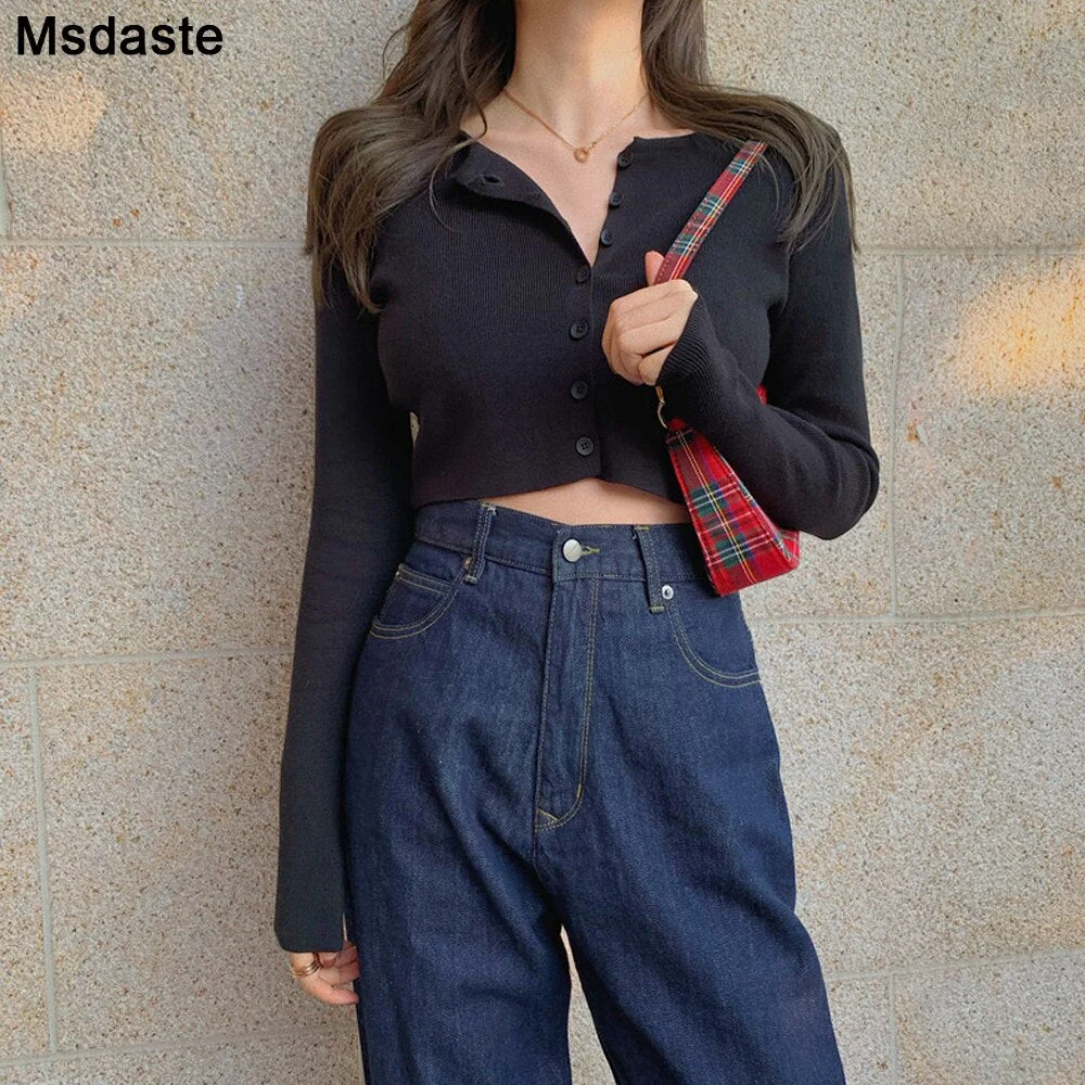 Cropped Cardigans Women Knitted Crop Sweater Top Casual Short Cardigan Female Korean Style Black Cute Knit Sweaters Vintage Tops