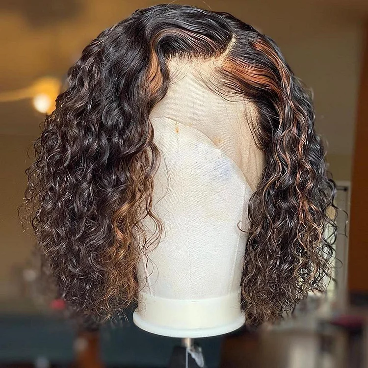 200% Wet And Wavy Curly Highlight Auburn Lace Frontal Bob Wig