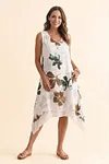 Front view of elegant earthy-tone botanical print dress with V-neck and layered silhouette