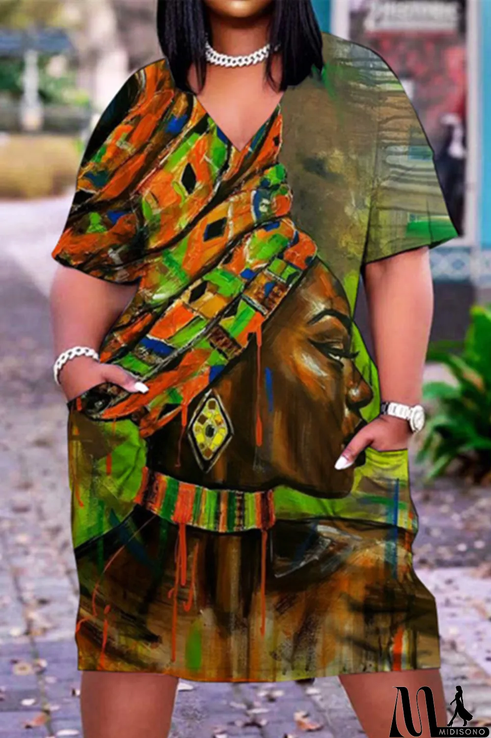 MidiSono - Pink Fashion Casual Print Patchwork V Neck Short Sleeve Dress Dresses