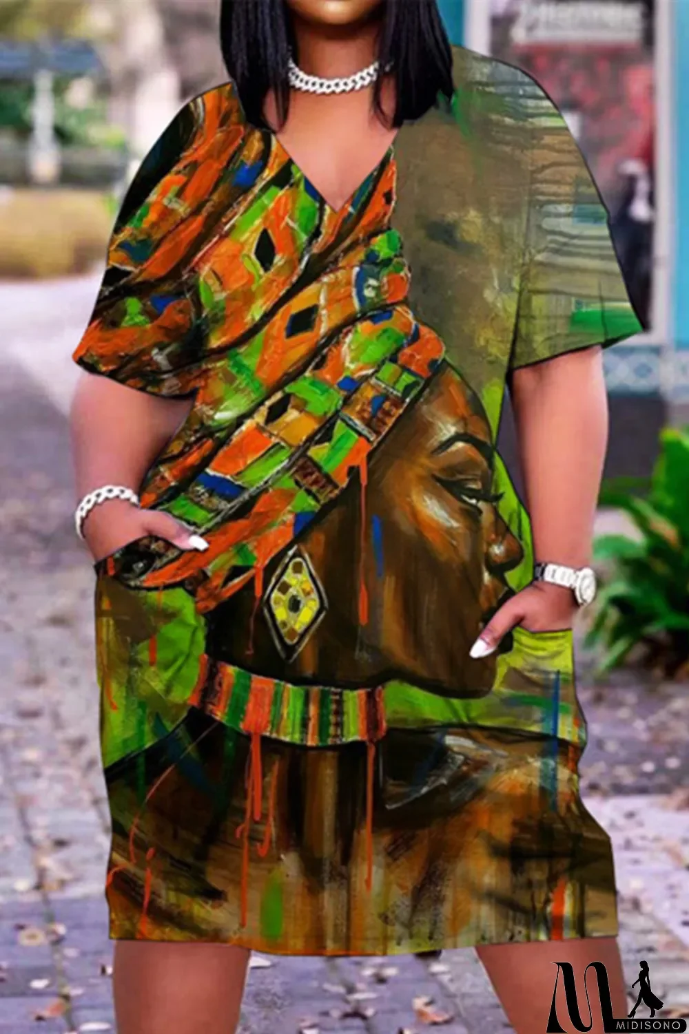 MidiSono - Pink Fashion Casual Print Patchwork V Neck Short Sleeve Dress Dresses