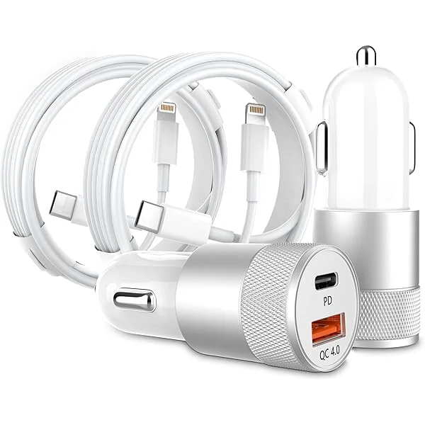 Car Charger [Apple MFi Certified], 2 Pack 48W Dual Port USB C Charger All Metal iPhone Fast Car Adapter with 2x3ft Lightning Cable, PD/QC 4.0 Type C Rapid Car Charging for iPhone/iPad/Airpods and more