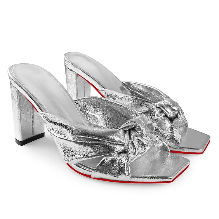 85mm Women's Chunky Heeled Mules Bow Knot Square Toe Sandals Summer Evening Party  Red Bottom Shoes Vocosi VOCOSI