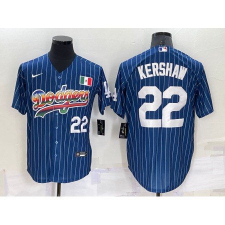 Men's Los Angeles Dodgers #22 Clayton Kershaw Navy Mexico Rainbow Cool Base Stitched Baseball Jersey HMFX