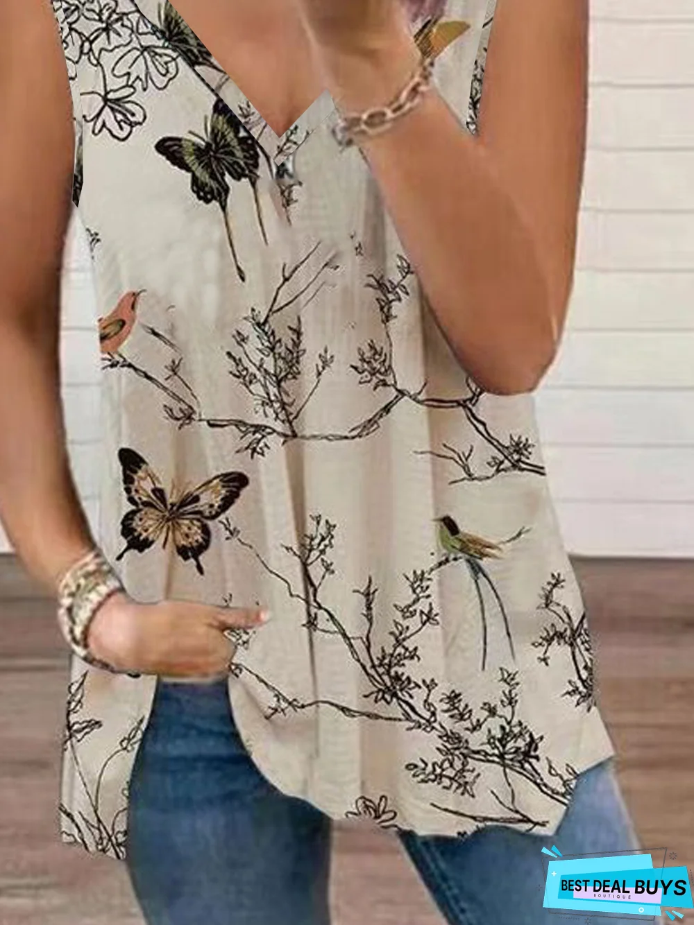Butterfly Floral Printed Casual Loosen V Neck Knit Tunic Tank