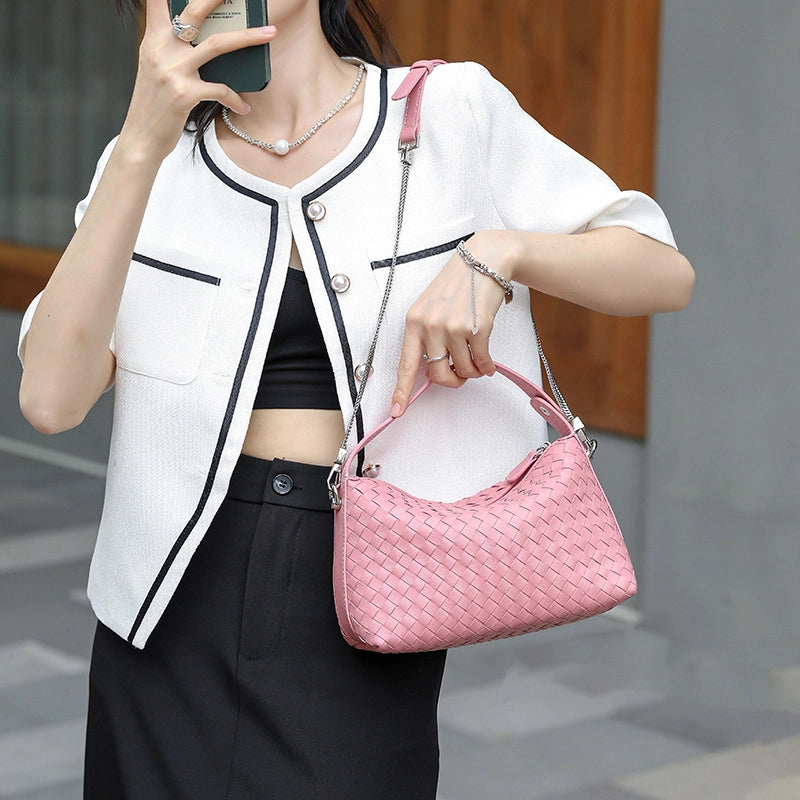 Women’s Medium Leather Solid Color Classic Style Streetwear Weave Sewing Thread Bucket String Bucket Bag