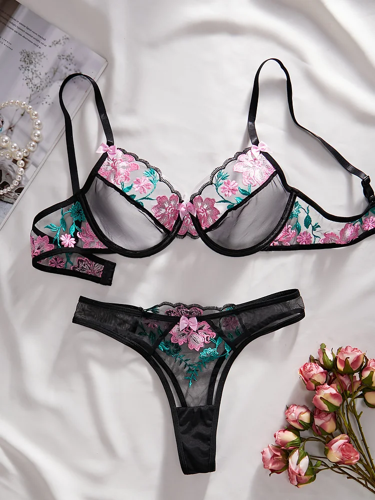 Mesh Contrast Color Underwear Two-piece