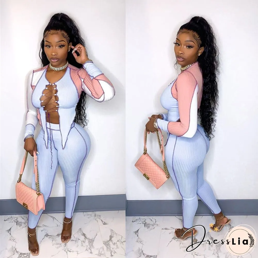 Knit Ribbed Piece Outfits For Women Matching Sets Irregular Crop Top And Pants Leggings