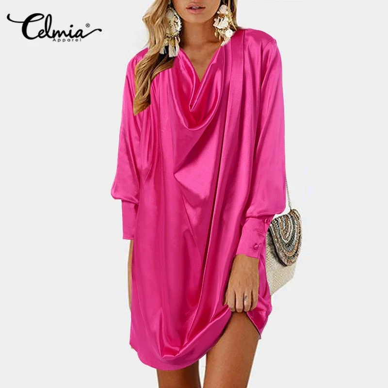 Celmia Elegant Party Dress Women Sexy Pleated Long Sleeve Satin Mini Dress Lapel Swing Collar Casual Loose Shirt Dresses Robe
