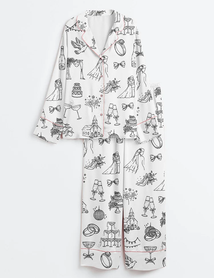 Women&rsquo;s Hand Drawn Wedding Icons Champagne Wedding Timeline Print Long Sleeve Satin Pajama Set