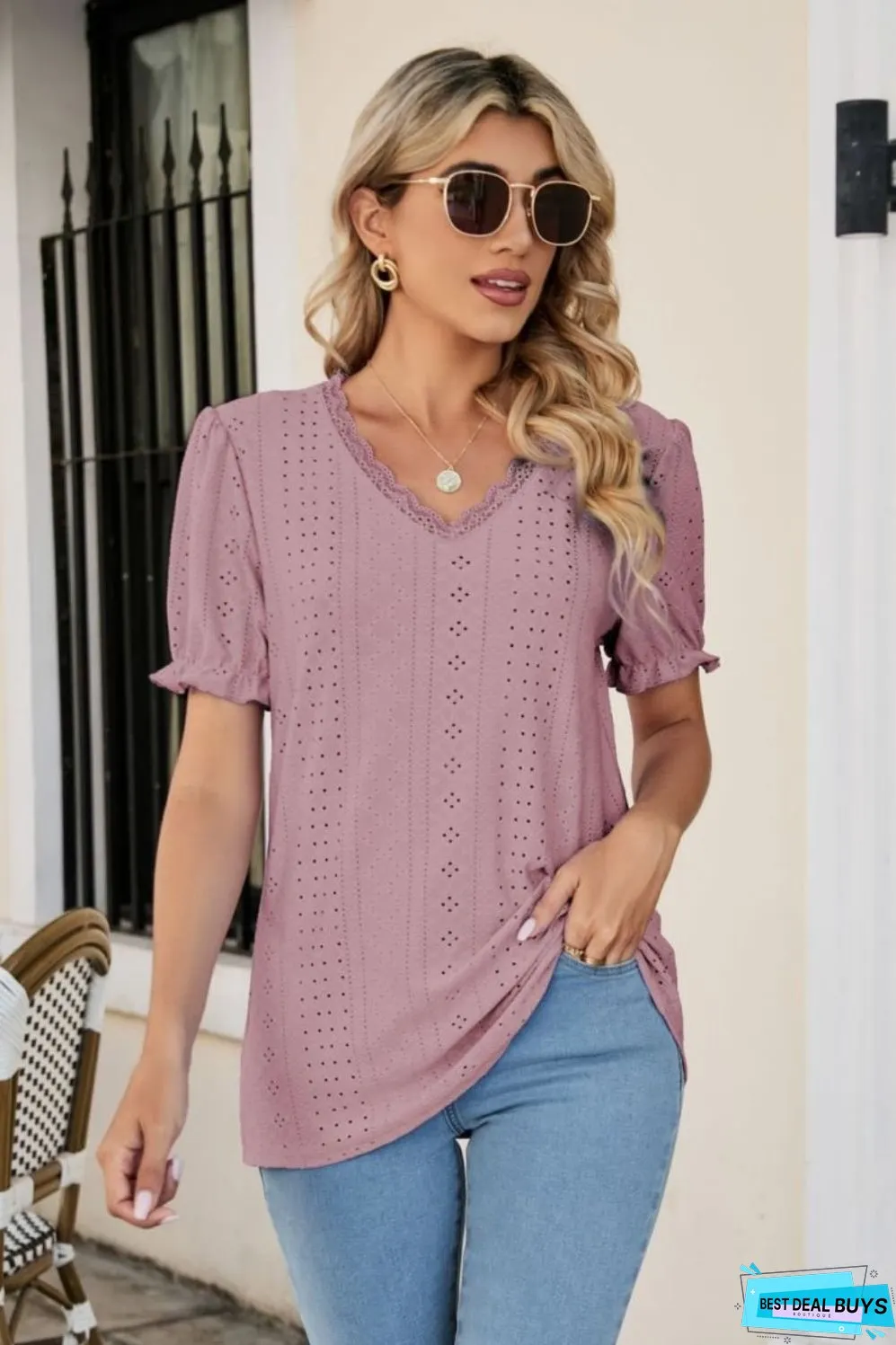 Eyelet Flounce Sleeve Scalloped V-Neck Top