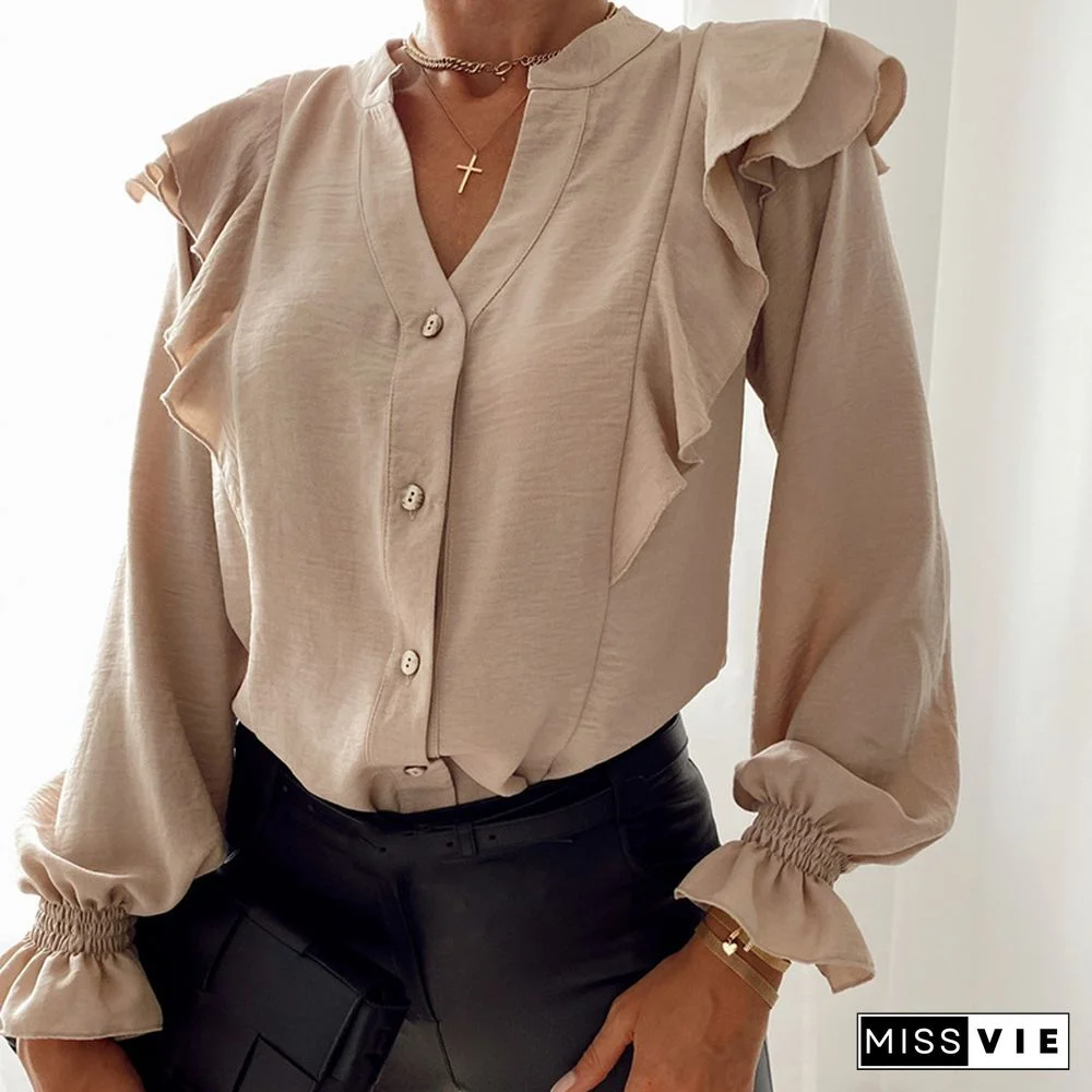 Women Autumn Long Sleeve V-Neck Pullover Tops Polka Dot Ruffle Blouse Shirts