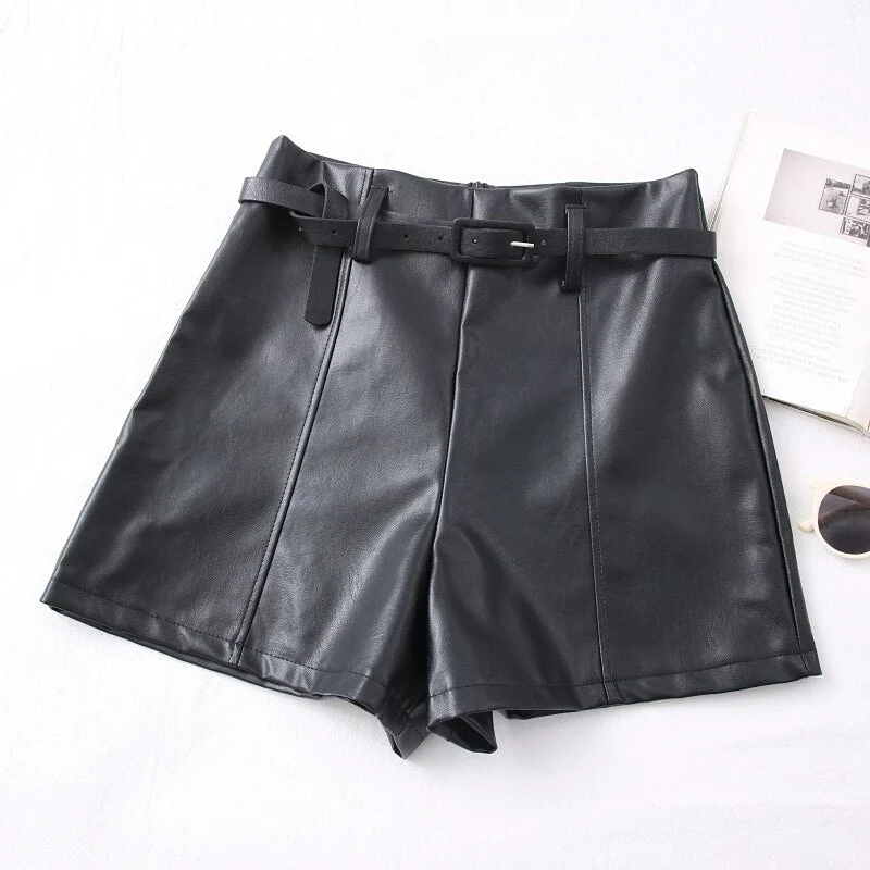 Graduation Gifts  2023 New Autumn Winter Women  PU Leather Shorts Shorts All-match Sashes Wide Leg Short Ladies Leather Shorts