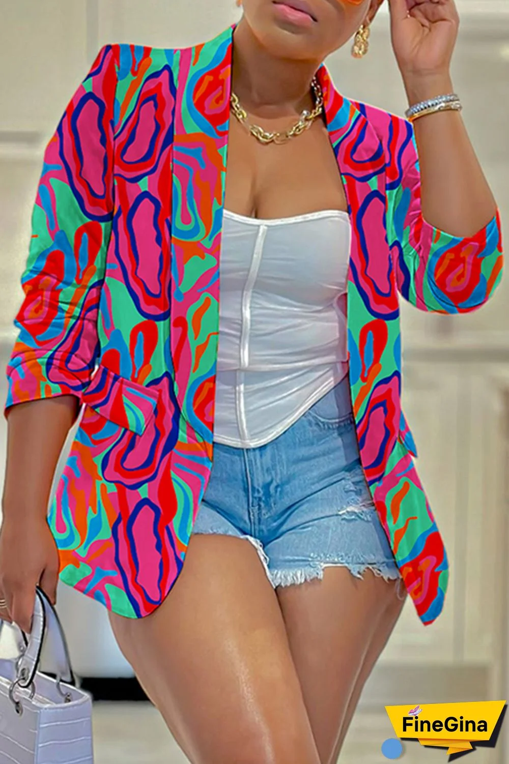Rose Red Casual Print Cardigan Turn-back Collar Outerwear