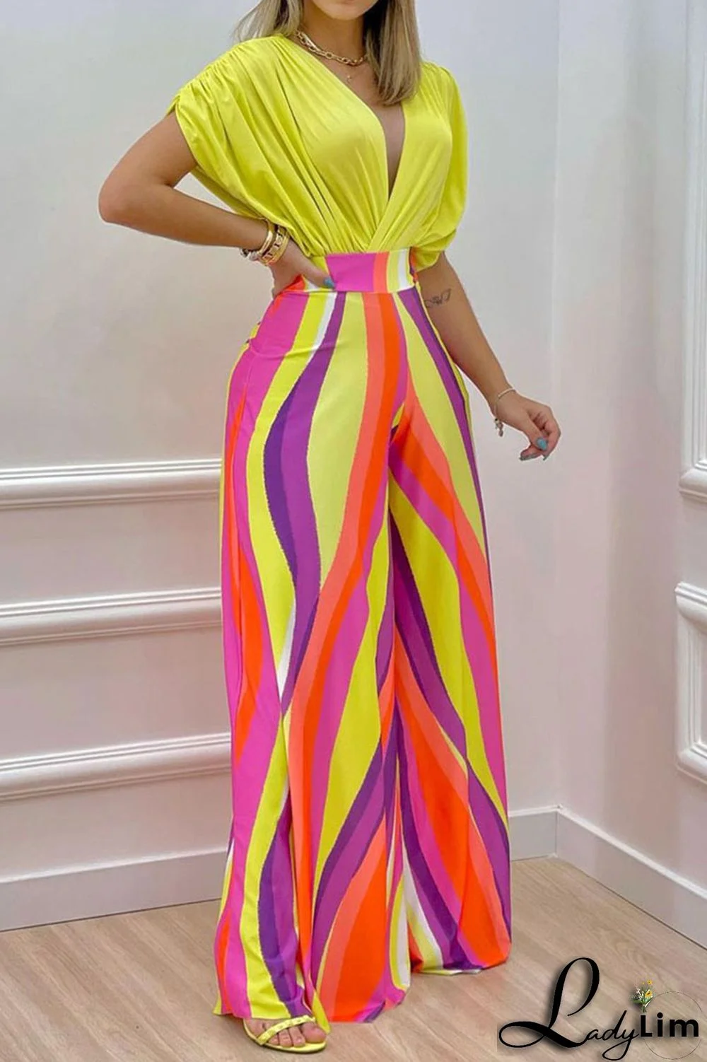 Green Casual Print Split Joint V Neck Short Sleeve Two Pieces