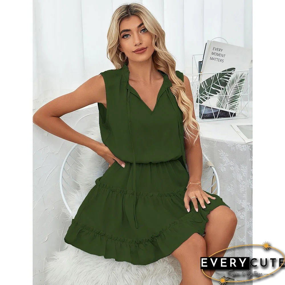 Army Green V Neck Sleeveless Mini Dress