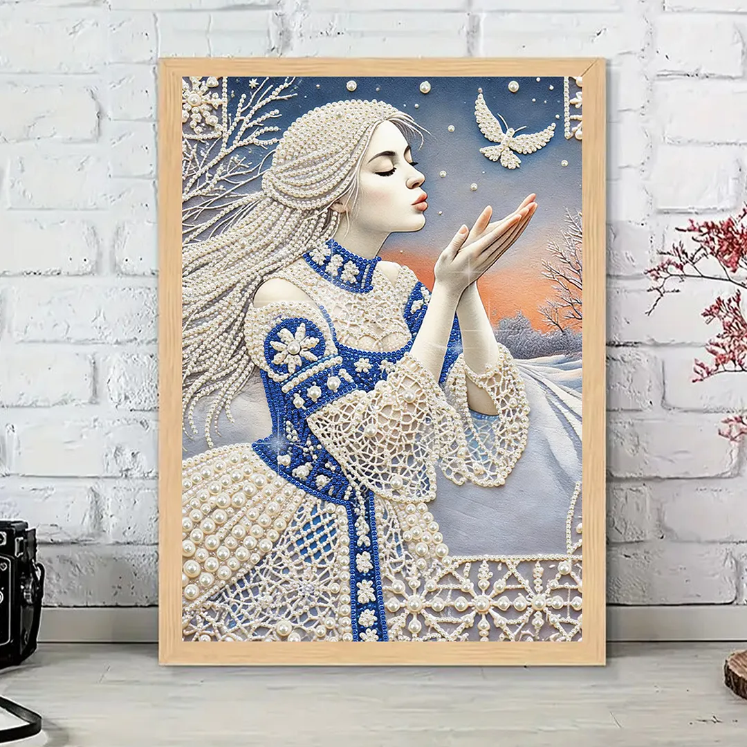 Winter Maiden Special Shaped DIY Partial Drill Pearl Diamonds Painting for Adults Beginners Home Decor Pearl Gem Paintings Picture Arts Craft 11.81x15.75In