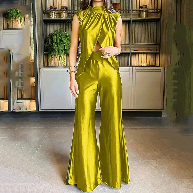 Zingj Women Two Piece Set With Pants Round Neck Tie Up Sleeveless Pleated Top Wide Leg Loose Pants Suit Summer Office Lady Set