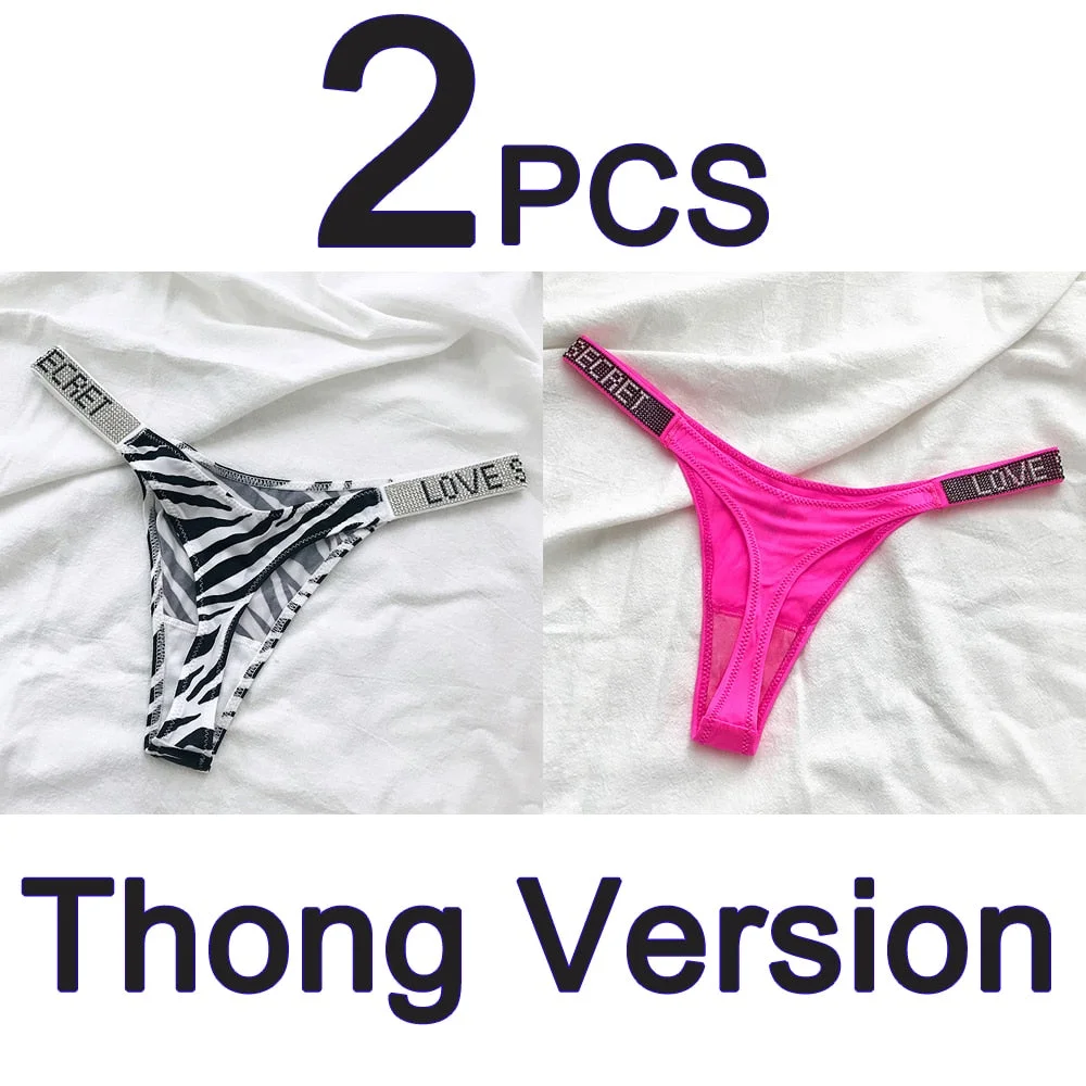 2PCS Sexy Low Waist Panties G String Comfort Satin Underwear Women Rhinestone High Fork Thong Seamless Intimates Lingerie Cotton