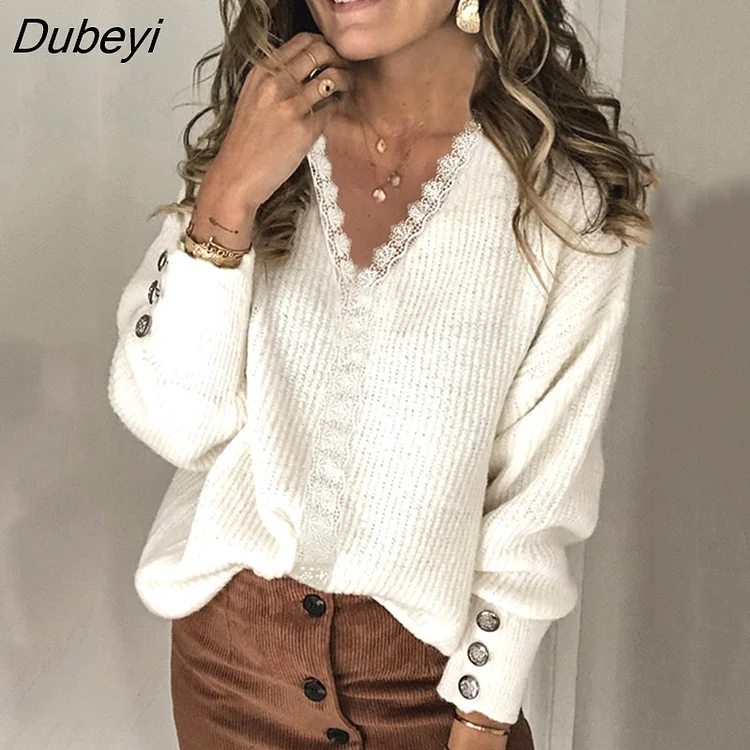 Dubeyi autumn and winter new lace V-neck coat head sweater ladies loose long sleeve solid color sweater pullover tops