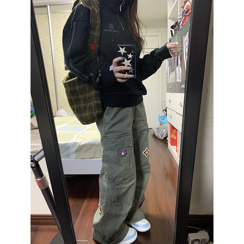 American Retro Embroidered Cargo Pants Women's Loose Casual Straight Leg Wide Leg Pants Spring Season High Waist Long Pants