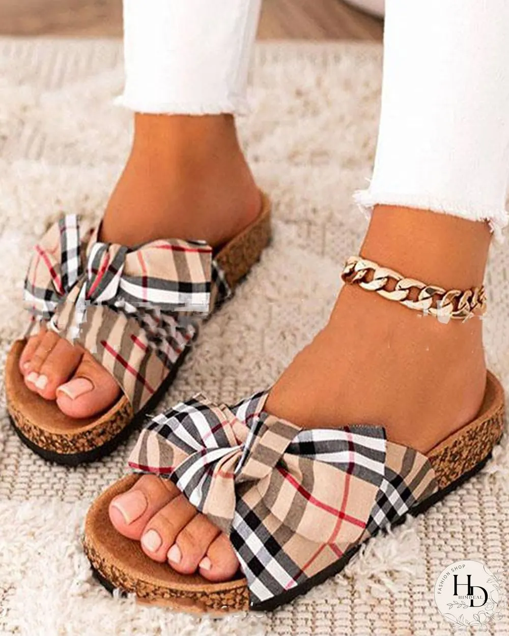 Round-toe Plaid Splicing Bow Platform Flat Slippers