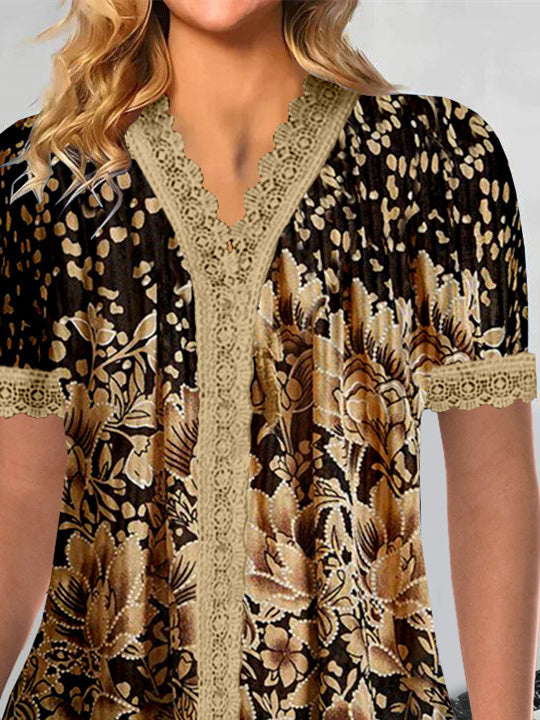 Women Short Sleeve V-neck Floral Printed Printed Graphic Lace Tops