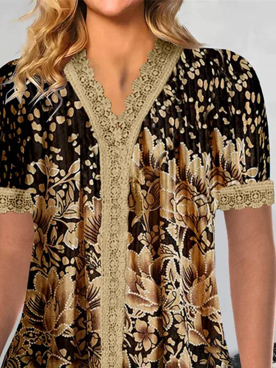 Women Short Sleeve V-neck Floral Printed Printed Graphic Lace Tops