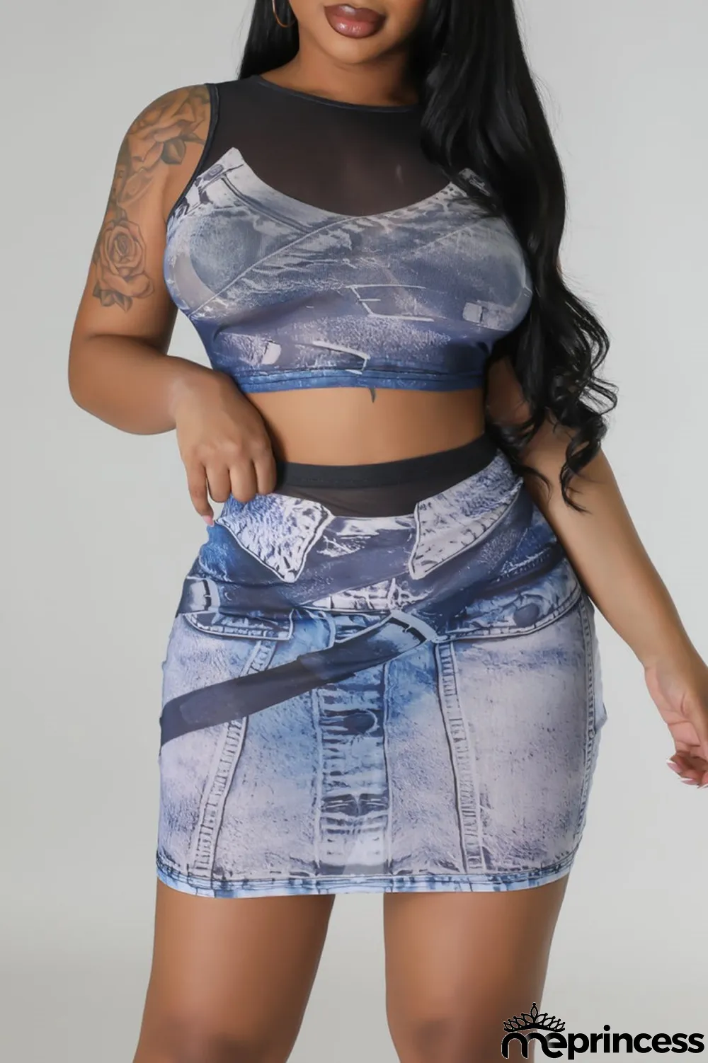 Blue Sexy Casual Print Patchwork O Neck Sleeveless Two Pieces