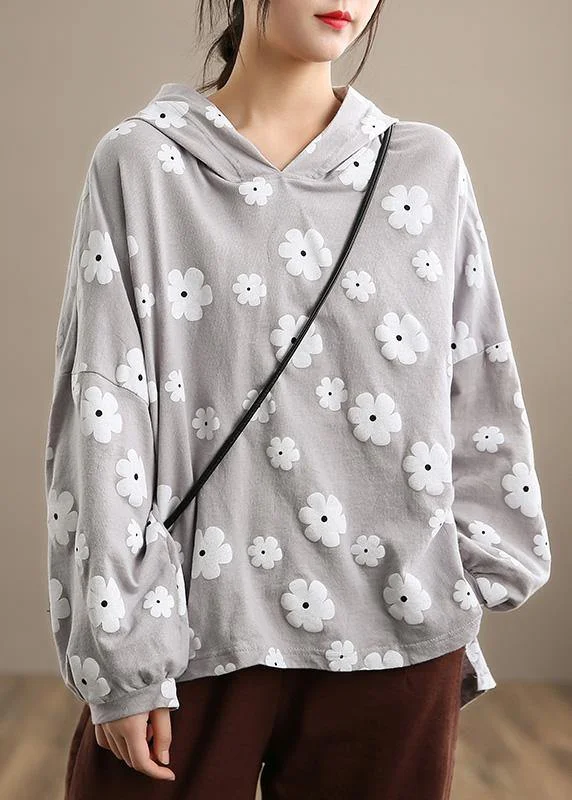 Chic Light Gray Print Clothes For Women Hooded Loose Spring Blouses