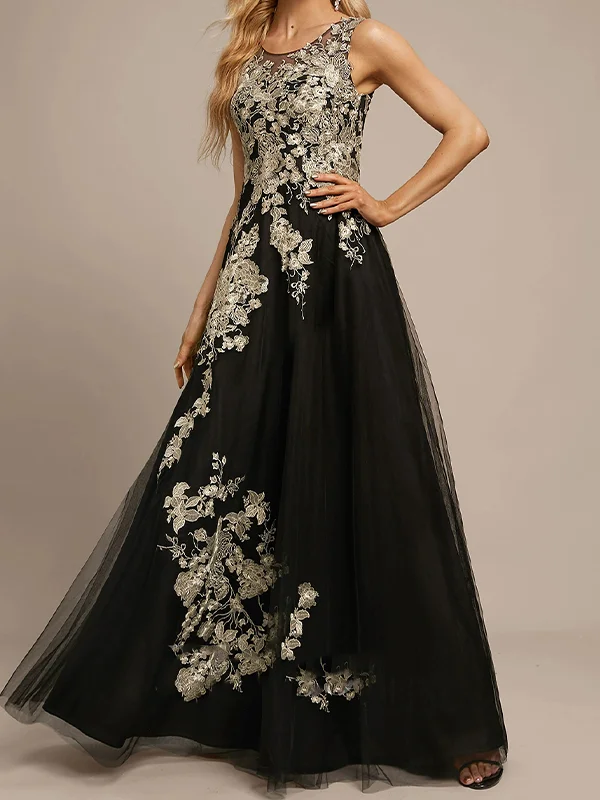 A-line Scoop Floor-Length Lace Tulle Evening Dress