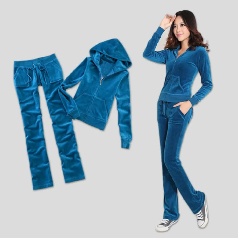 Spring / Fall/2021 Women's Brand Velvet fabric Tracksuits Solid color Velour suit women Track suit Hoodies and Pants sapphire