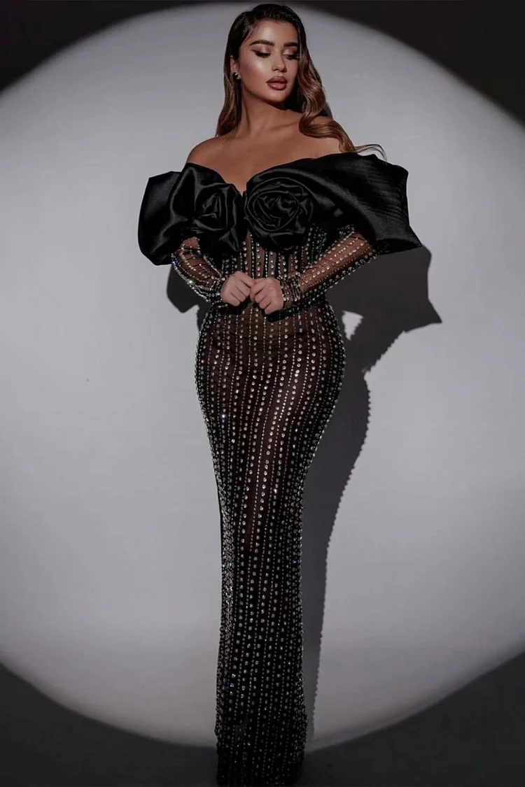 Off Shoulder Mesh Rhinestone Stripes Maxi Dress-Black