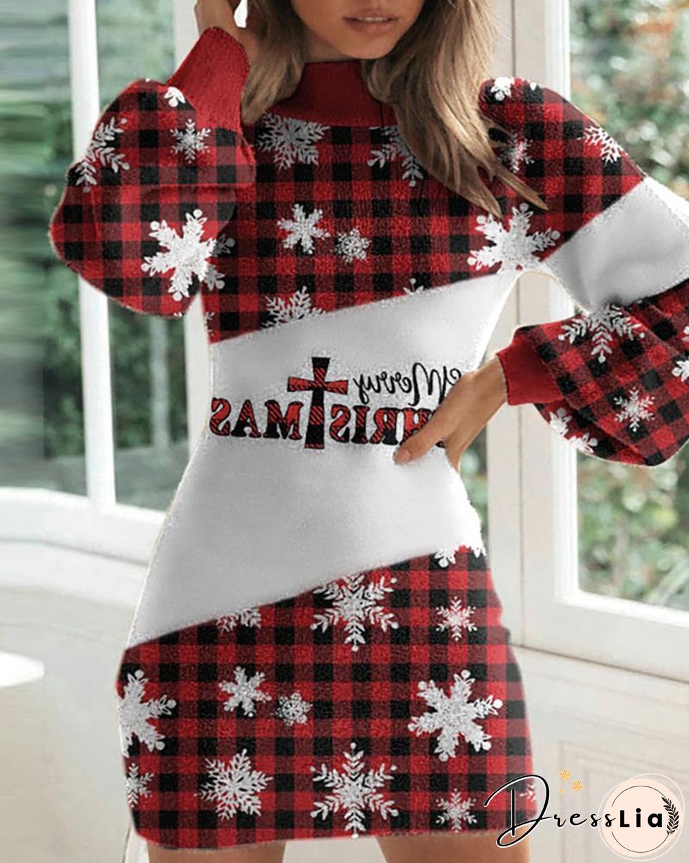 Christmas Print Lantern Sleeve Plaid Sweater Dress P10820