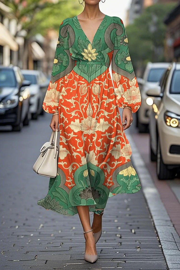 Elegant Floral Print Lantern Sleeve V-Neck A-Line Midi Chiffon Dress