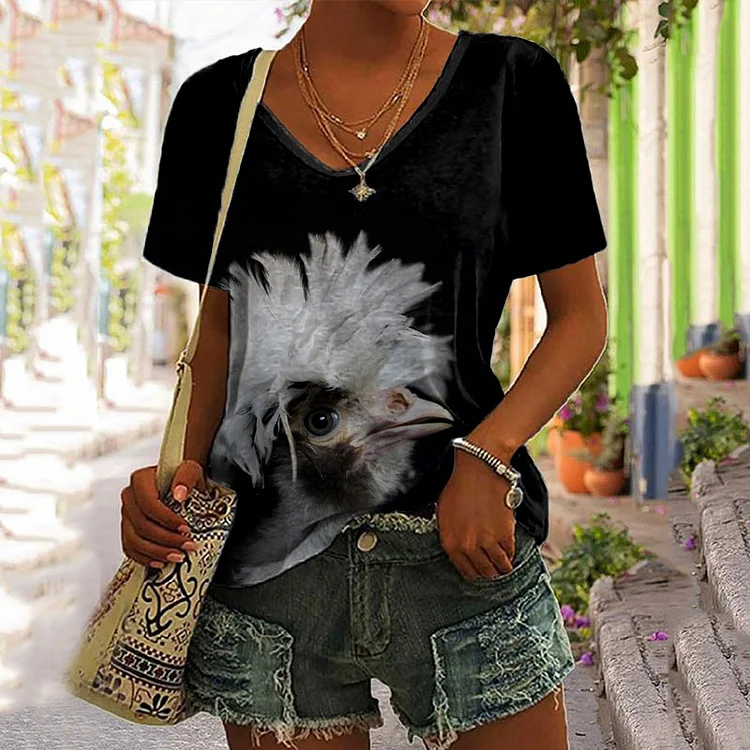 Wearshes Casual Rooster Print Contrast T-Shirt