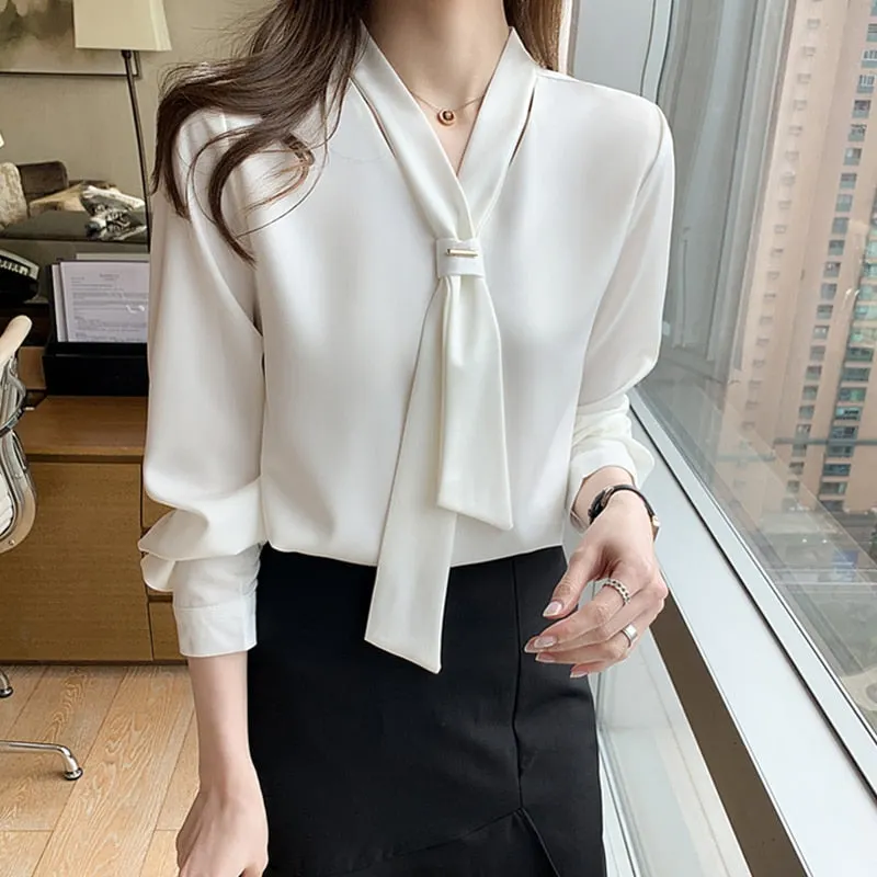 2021 Office Long Sleeve White Woman Shirt Korean Chiffon Women Blouse with Tie Fashion Tops V Neck Loose Female Clothing 13022
