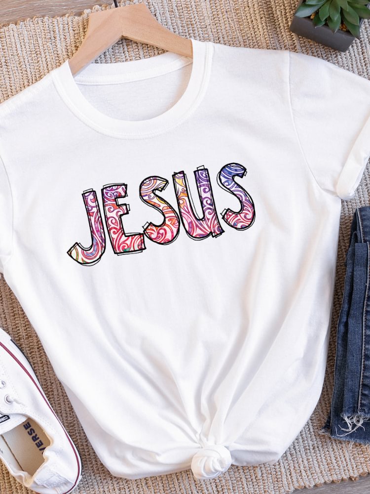 Jesus Print Casual Crew Neck Short Sleeve T Shirt