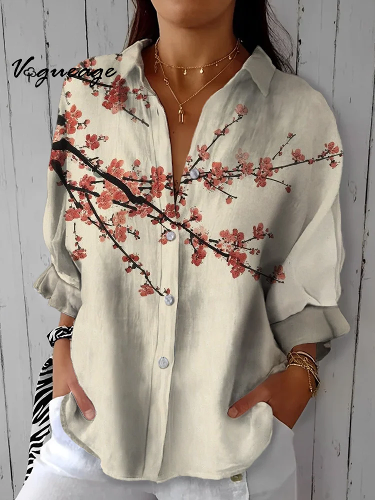 Simple Soft And Elegant Plum Blossom Printed Cotton And Linen Shirt