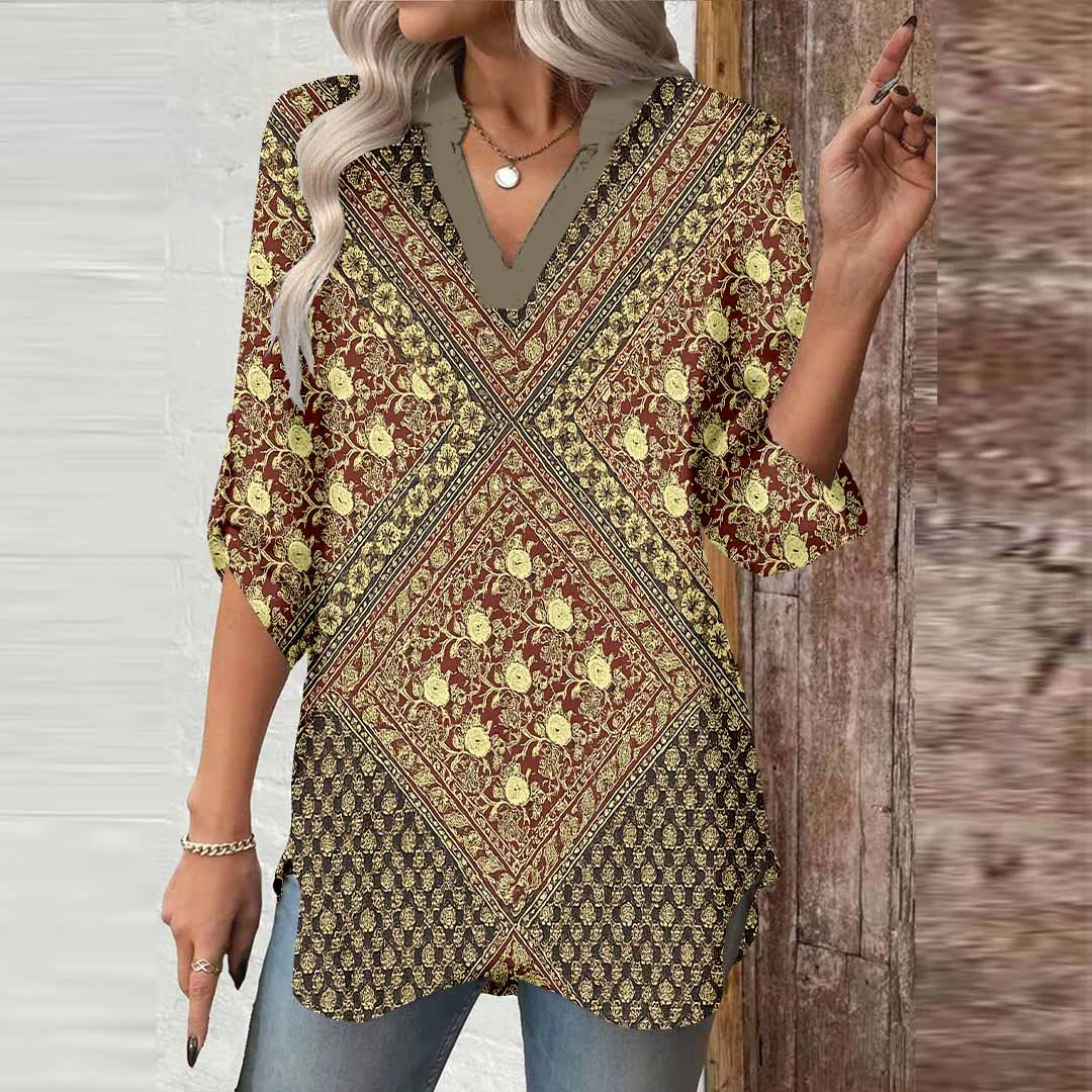 Women Bohemian, Brown, Gold DZGA0464 3/4 Sleeve V-neck Printed Graphic Button Tops