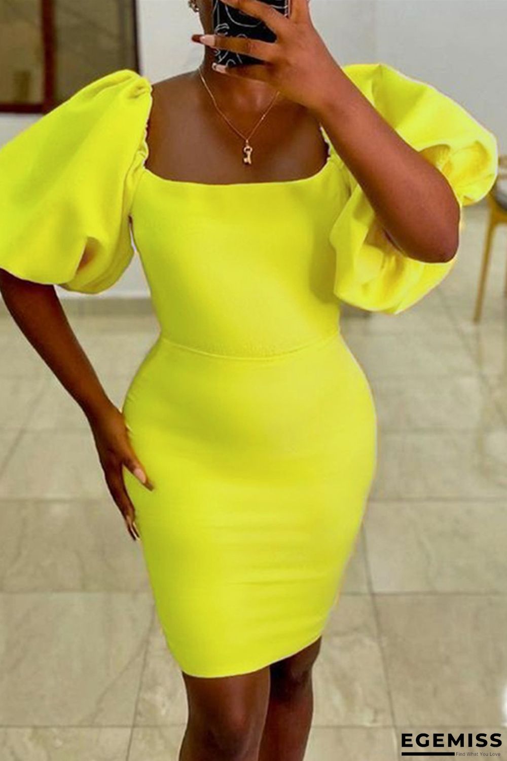 Yellow Sexy Casual Solid Basic Square Collar Short Sleeve Dress | EGEMISS