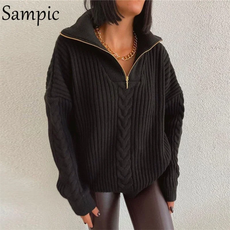 Sampic 2021 Winter Turn Down Collar Women Knitted Oversized Pullover Y2K Sweater Jumpers Knitwear Casual Loose Sweater Tops