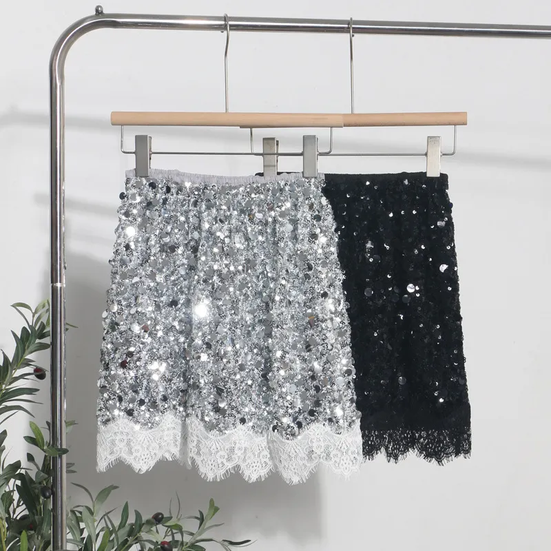 Brownm Real Shoot Spice Girl Squin A-Word Skirt Girl Summer Tight High Waist Anti-Walking Light Lace Side Hip Skirt 5551
