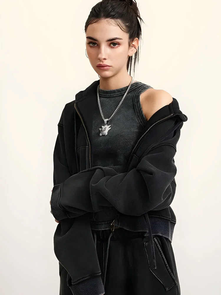 Brownm Zip-Up Cropped Hoodie